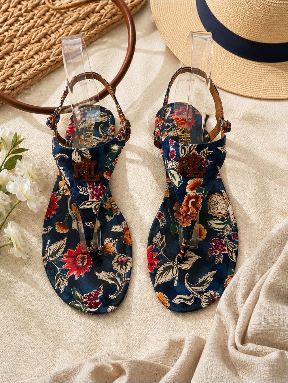 Lauren Ralph Lauren Navy Floral Slingback Sandals